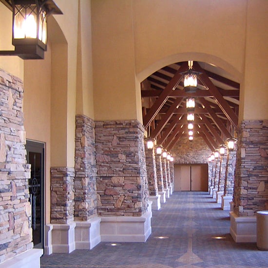 casino entry done in both stone veneer and plaster